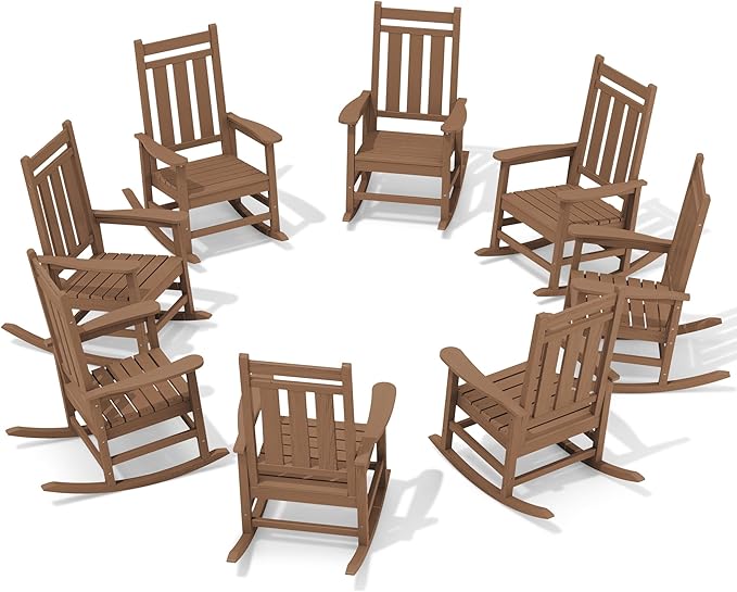 KINGYES Oversized Outdoor Rocking Chair Set of 8, All-Weather Patio Rocking Chairs for Porch, HDPE Outdoor Patio Rockers with High Back & Wide Seat for Garden, Lawn, Brown