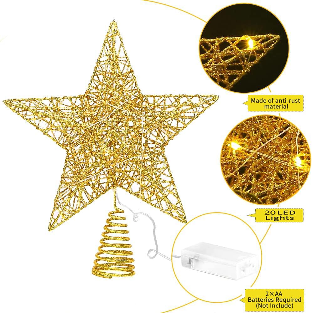 8 inch Christmas Tree Toppers Gold Glitter Star Metal Lighted with 20 LED Lights for Xmas Decorations, Holiday Party Indoor Bar Office Decor