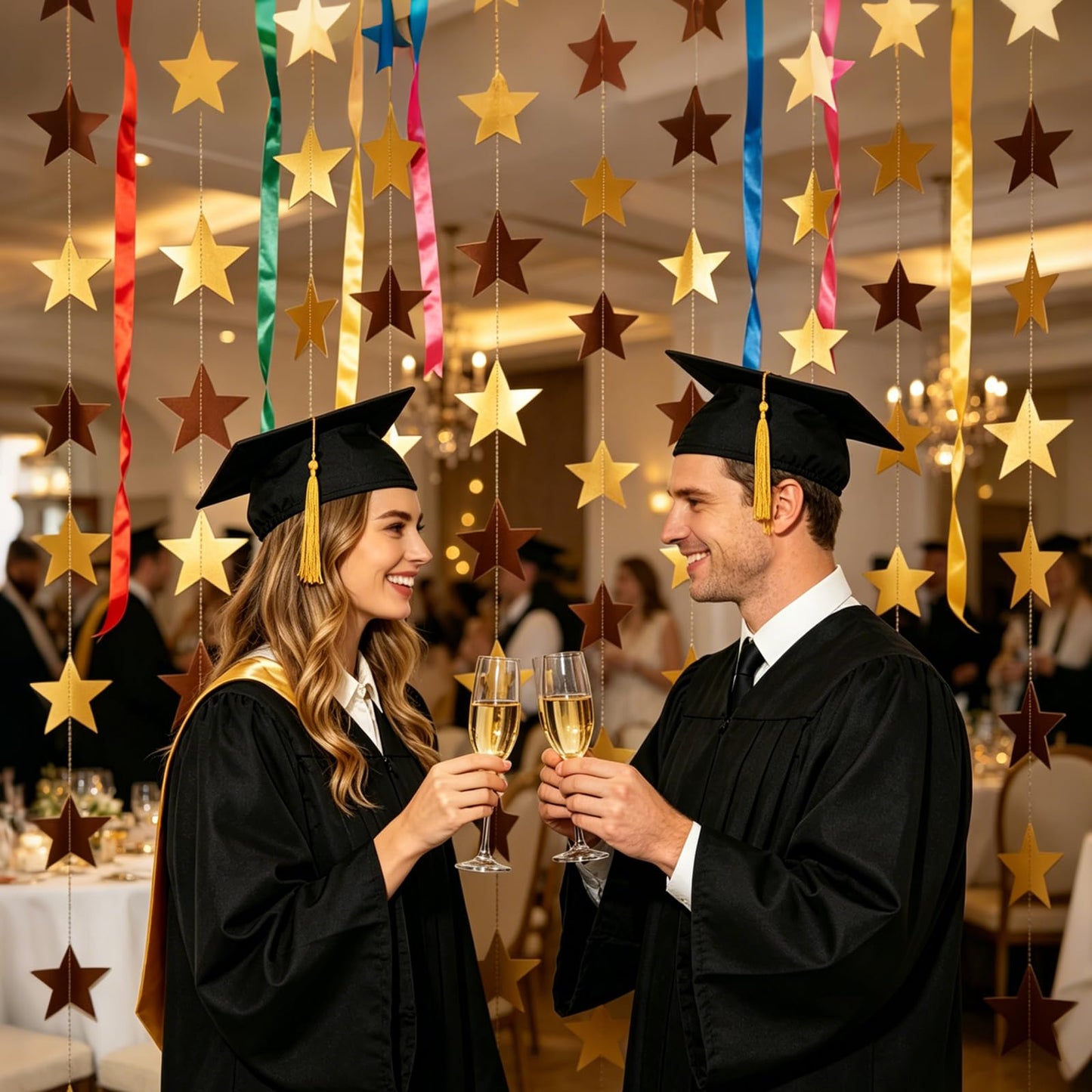 10 Pack Gold Star Garland 130FT Hanging Star Decorations, Double Sided Glitter Star Banner Streamers, Paper Star Garland for Party Wedding Birthday Graduation Ceiling Wall Decor