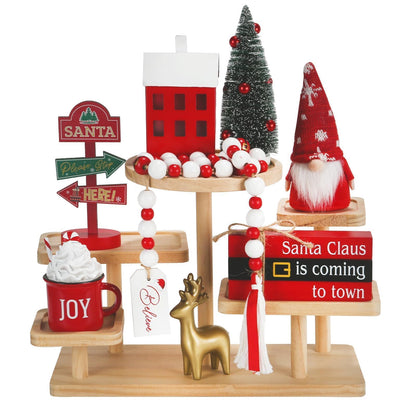 Christmas Decorations 8 PCS Tiered Tray Decor Set, Cute Tabletop Christmas Decor for Home Shelf Mantel Coffee Bar Office Xmas Table Centerpieces Tray Objects Holiday Decoration Set