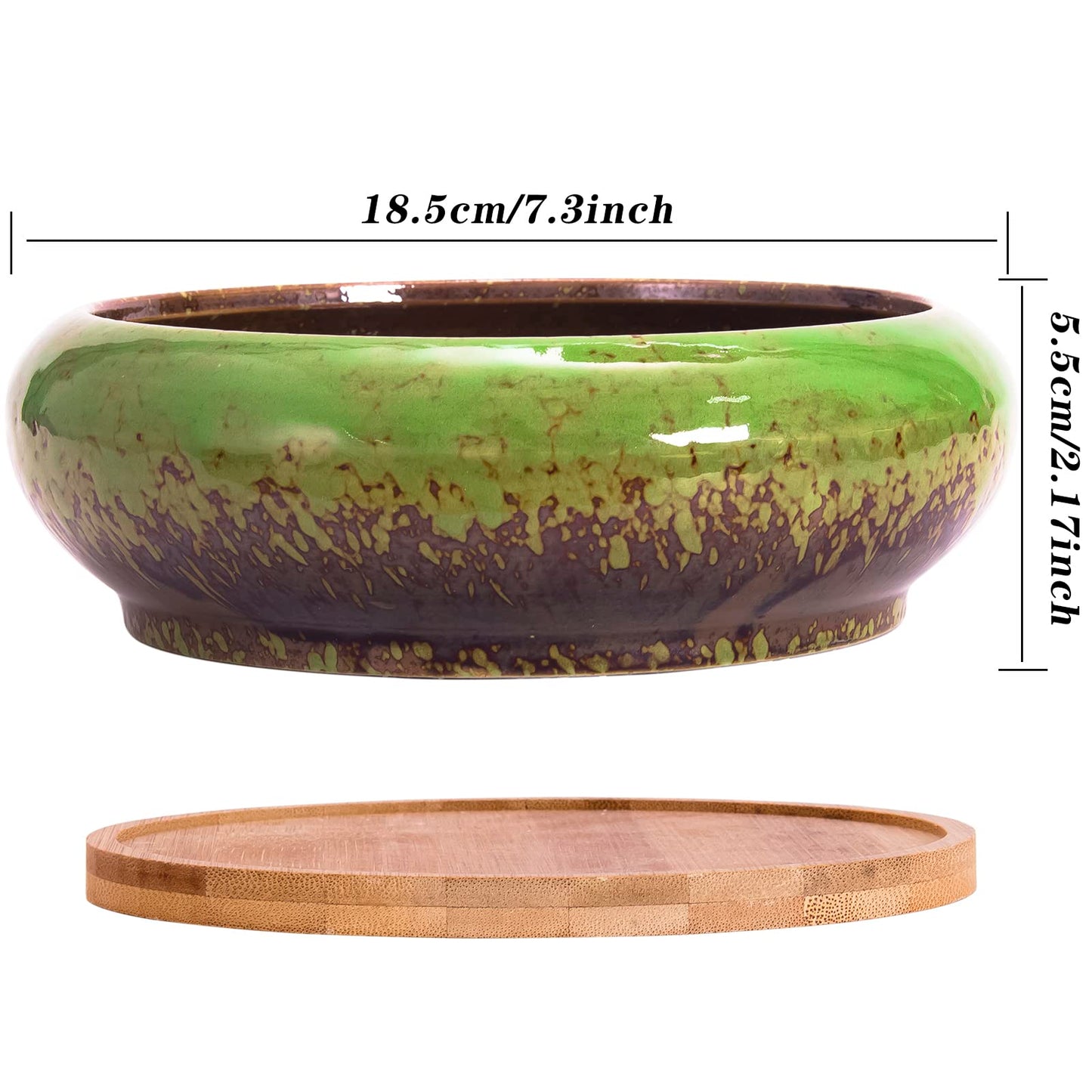 ARTKETTY Succulent Pots - 7.3 Inch Ceramic Bonsai Pots with Drainage Tray, Large Shallow Succulent Planters for Indoor Cactus Plants Decorative Flower Plant Container Bowl