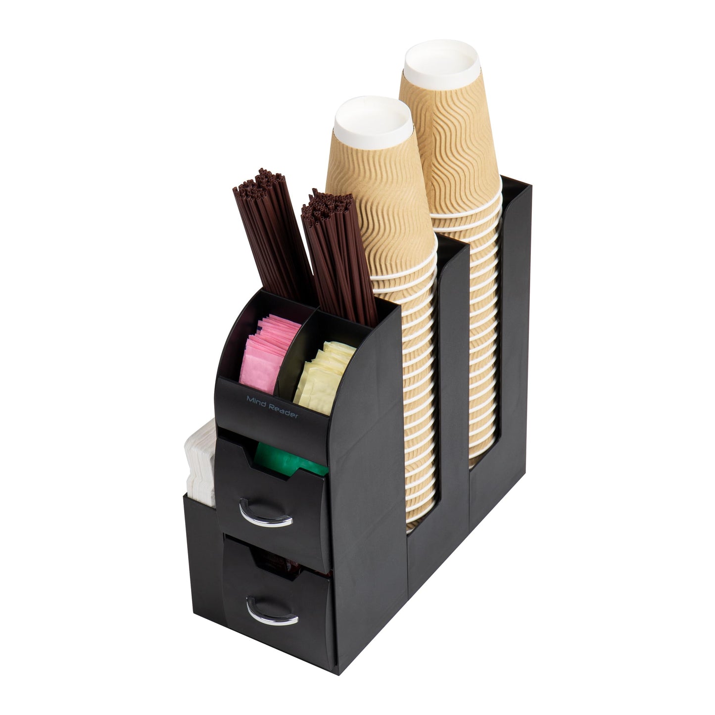 Mind Reader Cup and Condiment Station, Countertop Organizer, Coffee Bar, Kitchen, Stirrers, 5.35"W x 11.25"L x 11.15"H, Black