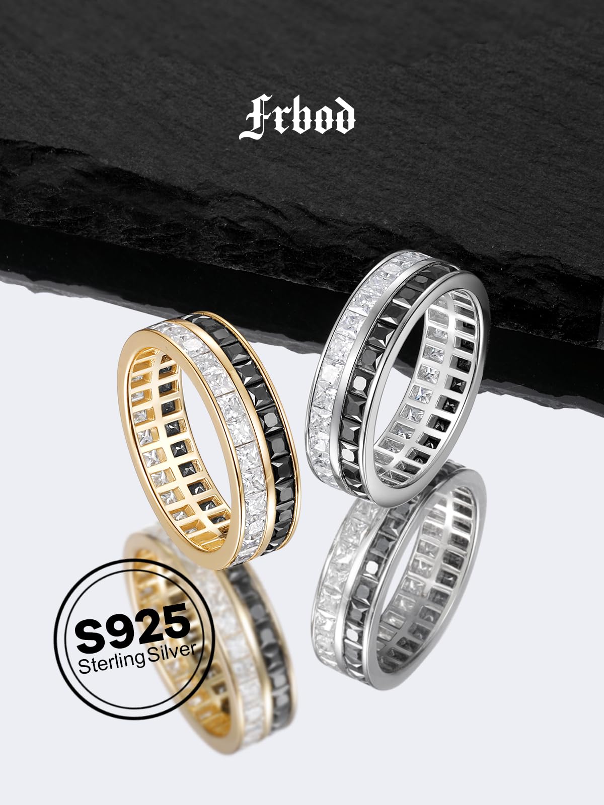 Frbod Black Moissanite Rings Hypoallergenic White Gold Plated Ring Sparling Eternity Diamond Band for Women Size 8