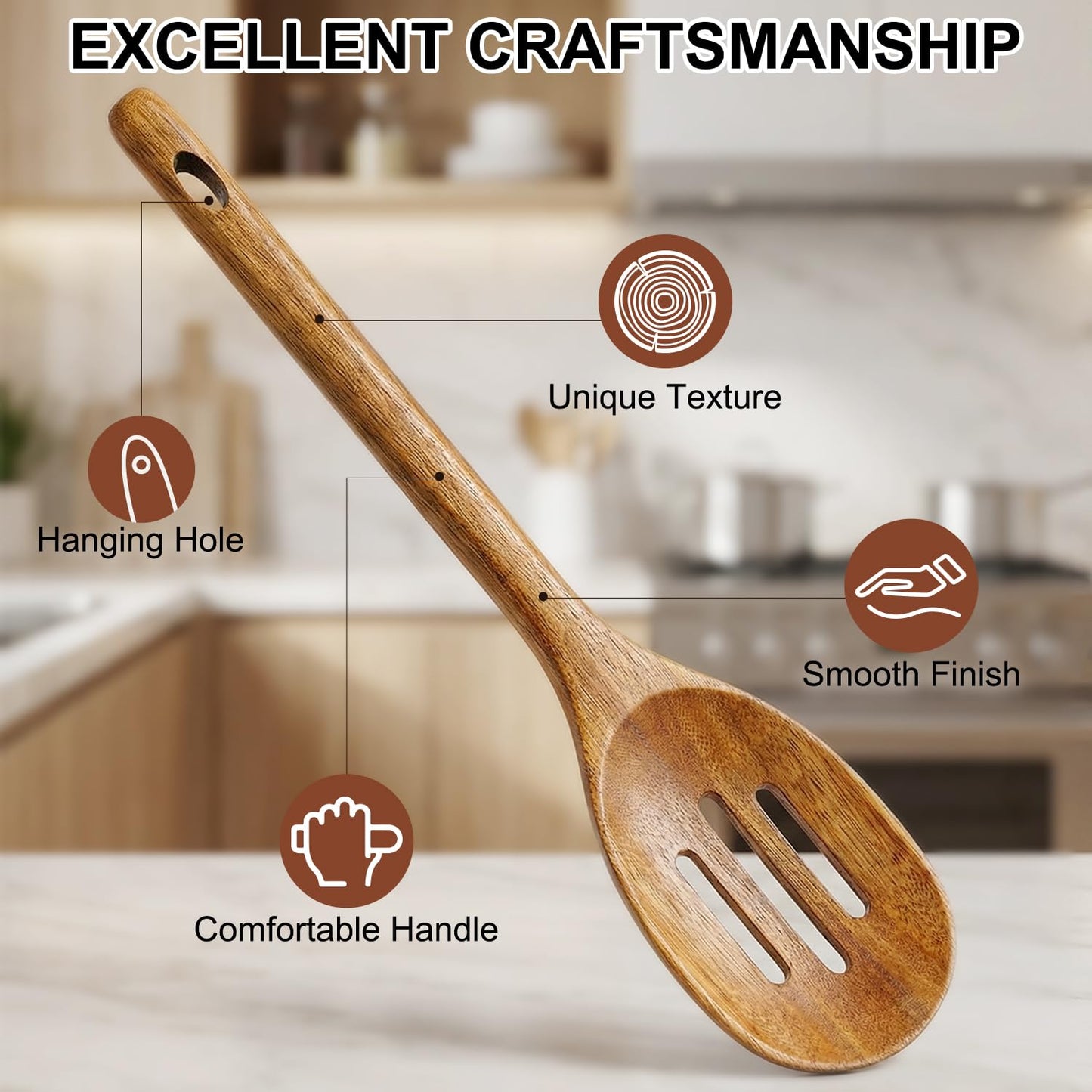 Large Wooden Spoons for Cooking Utensil Set Big Mixing Serving Slotted Spoons Acacia Wood Cooking Spoon Set Non Toxic Spatula for Kitchen Bamboo Kitchen Utensils Long Handle Stirring Spoon Spatulas
