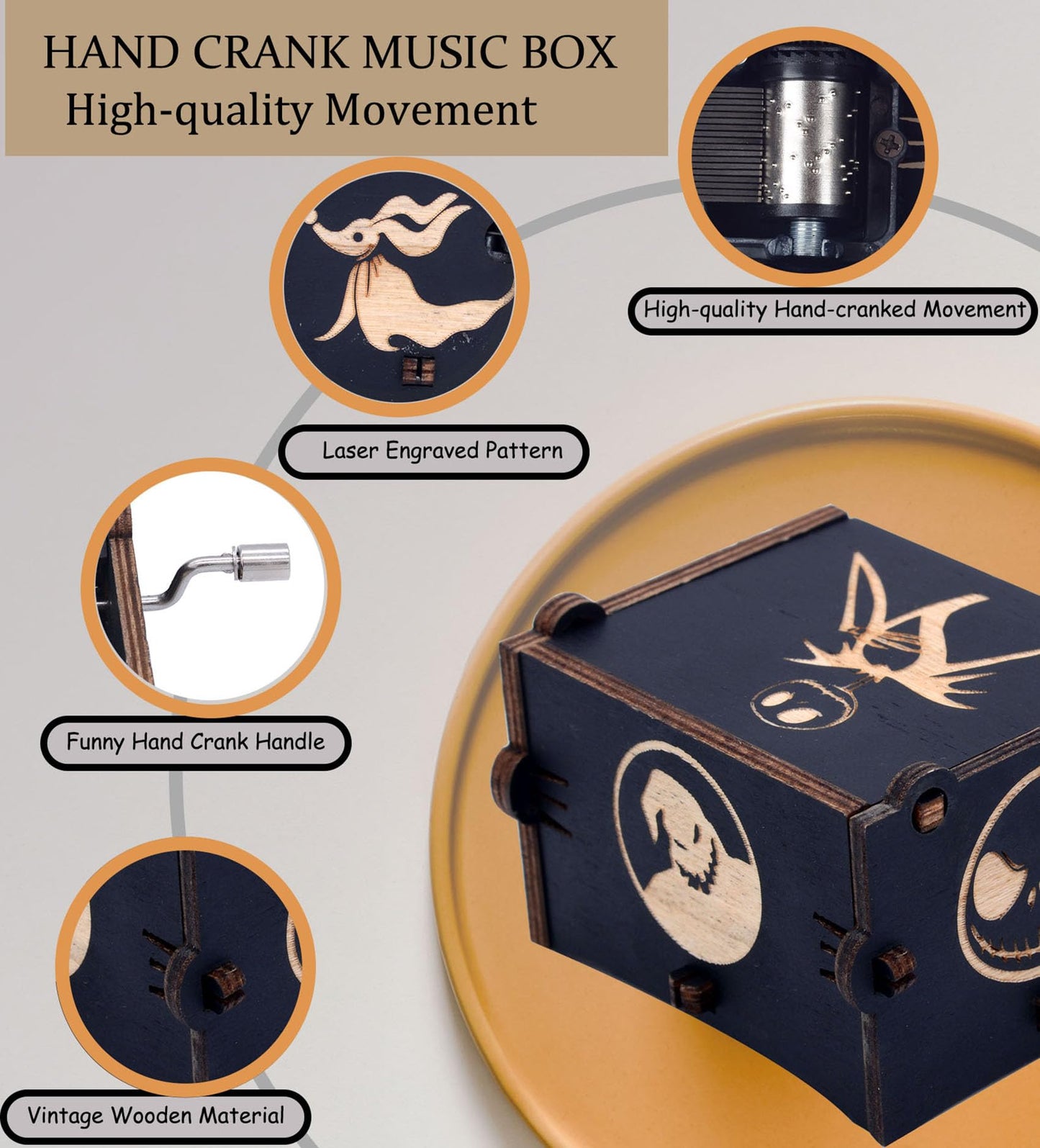 Keast Funny Wooden Hand Crank Music Box, Engraving Nightmare Musical Box Melody Plays This is Halloween Home Decor for Halloween Valentine's Day Christmas