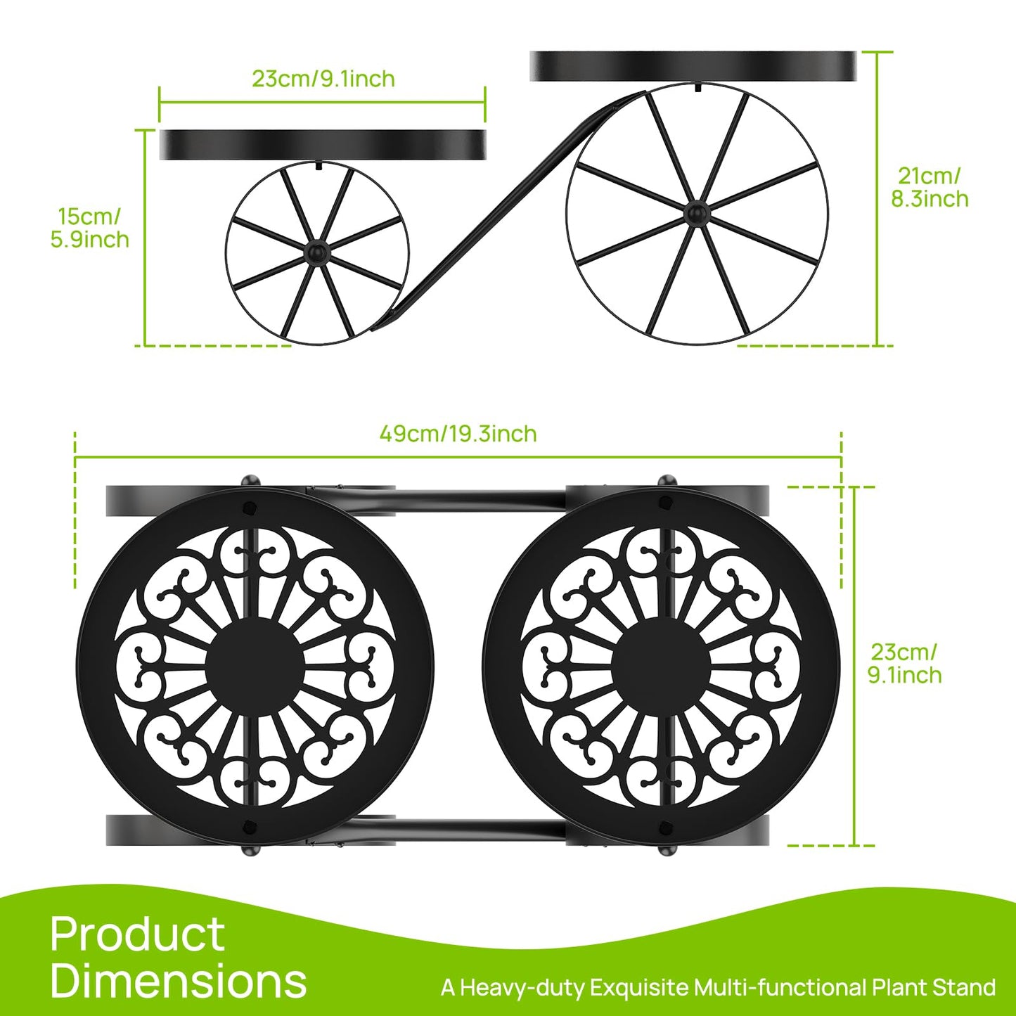 Cute Plant Stand Indoor Outdoor 2-Tier Metal Heavy Duty Flower Pot Holder with Decorative wagon wheels, Multi-Use Planter Display Rack Shelf for Garden Patio Balcony Living Room Corner (Black)