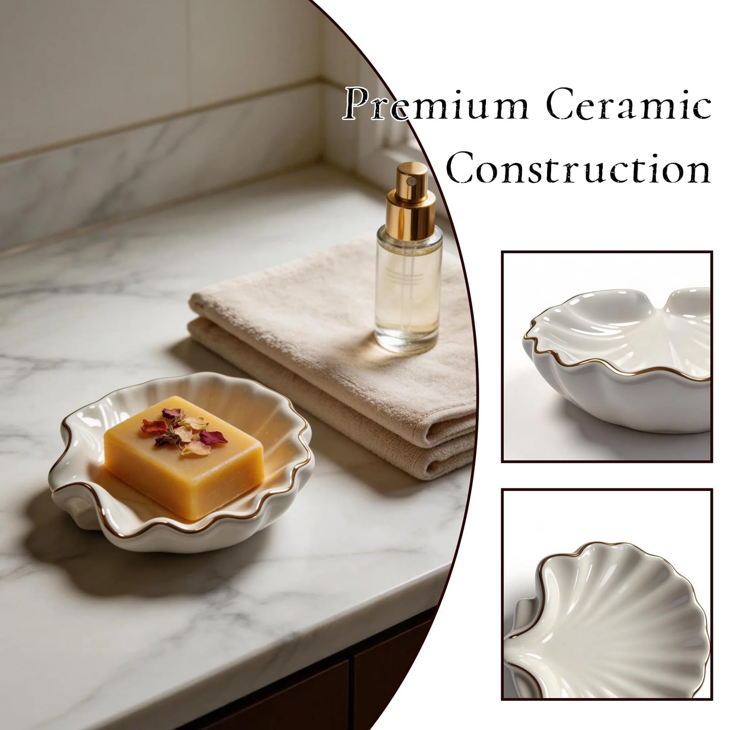 Shell Soap Dish,Ceramic Soap Dishes for Bar Soap – Decorative Bathroom Accessory with Gold Trim, Non-Slip Design, Easy to Clean, Ideal for Shower, Vanity, and Kitchen Sink Use
