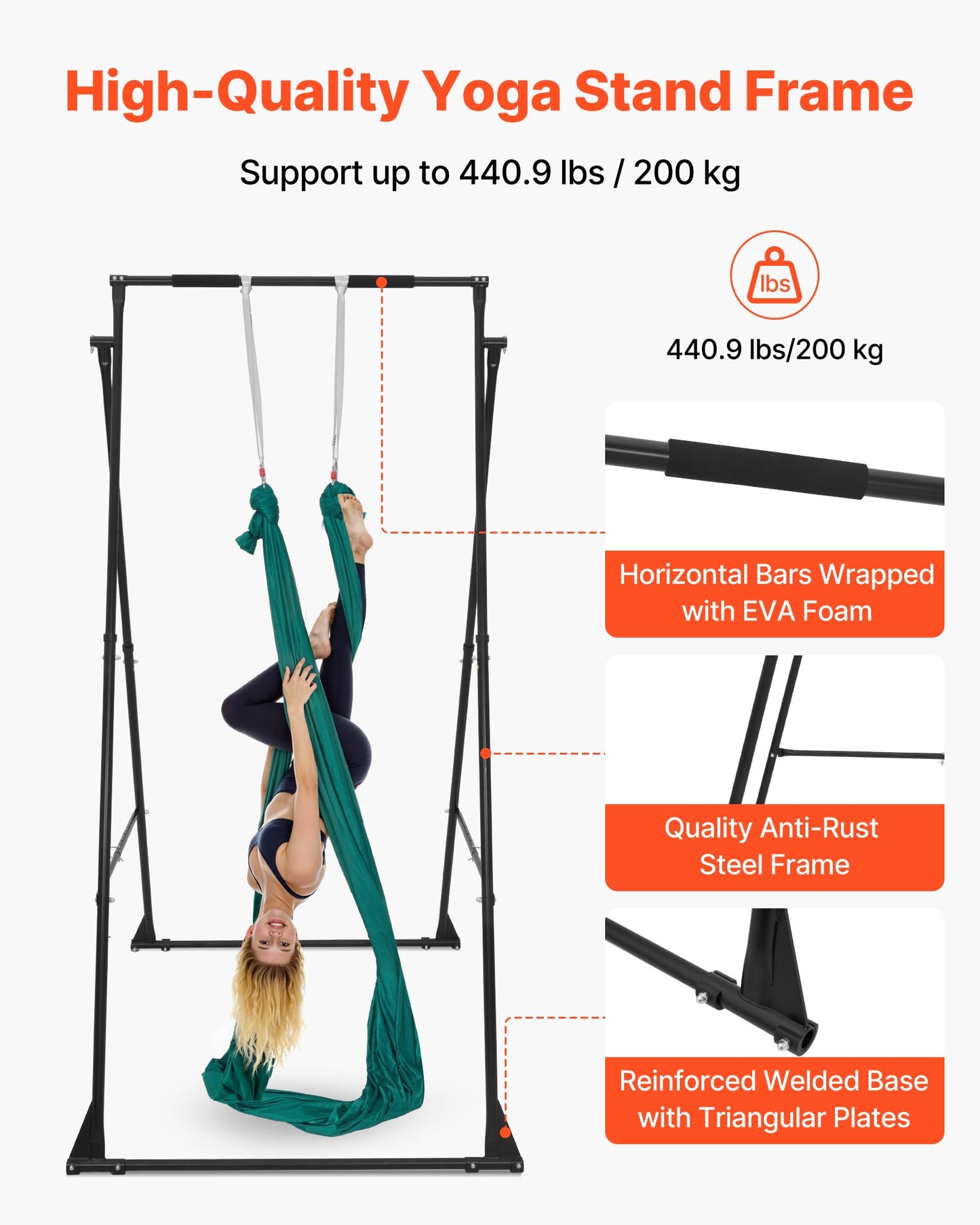 VEVOR Yoga Stand Frame, Max 440.9 lbs Load Swing Stand, Triangular Structure Pull Up Stands, Aerial Silk Stands with EVA Foam & 6.6-Yard Yoga Hammock, 4-Level Horizontal & 6-Level Vertical Adjustment