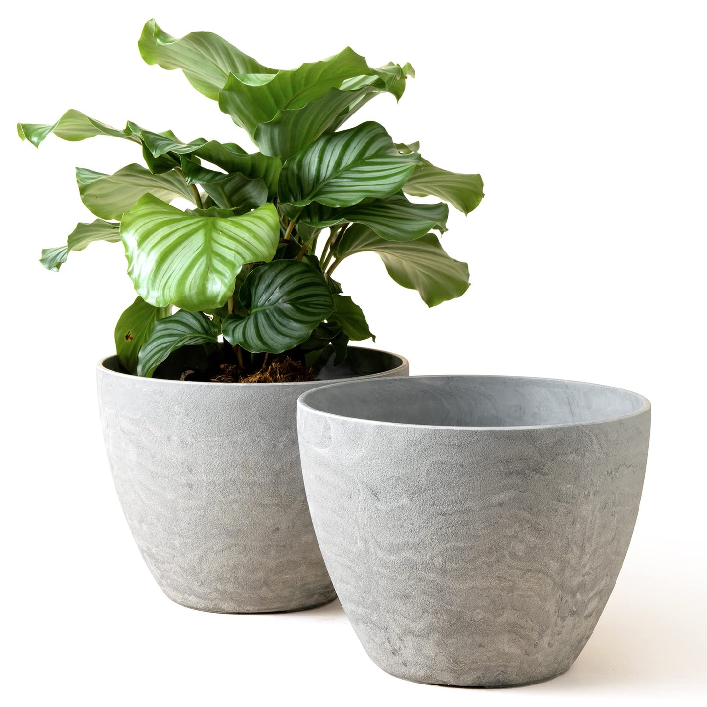 LA JOLIE MUSE Flower Pots Outdoor Garden Planters, Indoor Plant Pots with Drainage Holes, Plastic, Marble Pattern Grey, Set 2 (11.3 + 11.3 Inch)