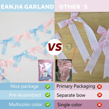Eanjia Gender Reveal Bow Knot Garland |6ft Gender Reveal Party Decor with 3ft Extend Ribbon Pre-Assembled Satin Ribbon Banners with Baby Pink/Blue Bows Baby Shower No DIY Needed (Pink & Blue, 6ft)