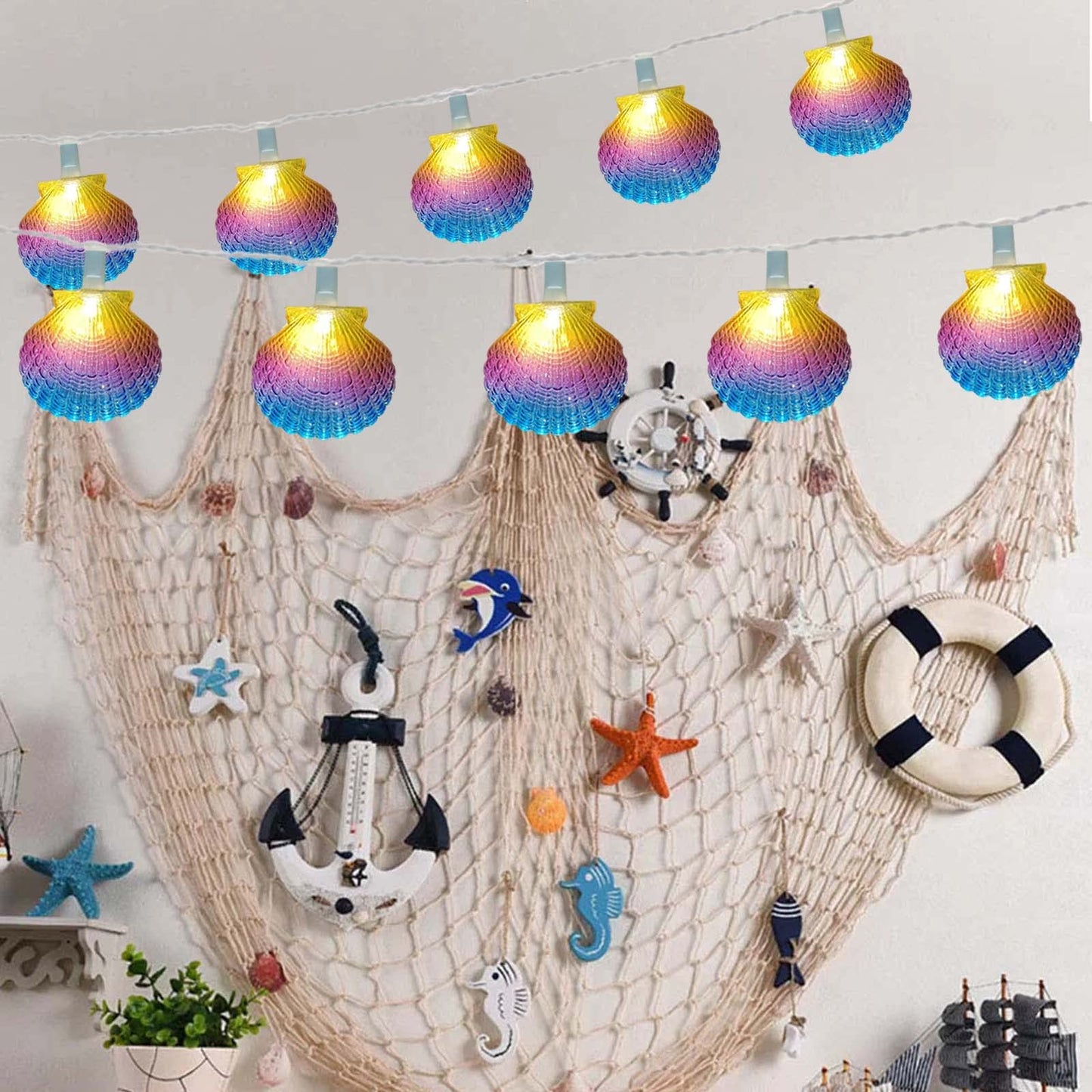 Beach Seashell String Lights - 8.3FT Ocean Themed Decorative 10 LED Seashells, Plug-in Warm White Fairy Lights for Patio, Garden, Wedding, Bedroom, Hawaii, Party, Tropical Beach Themed Decor