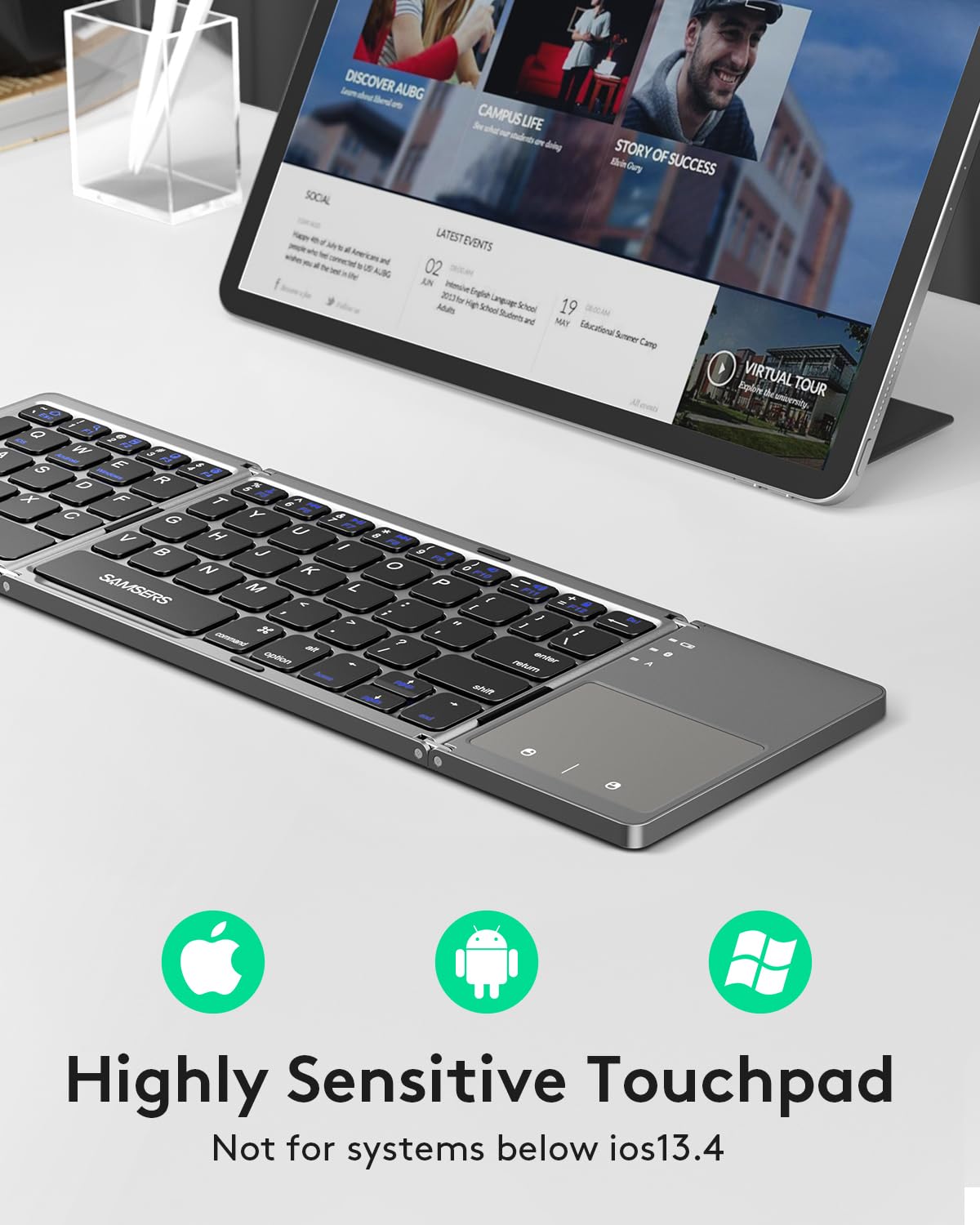 Samsers Foldable Bluetooth Keyboard with Touchpad - Portable Wireless Keyboard with Holder, Rechargeable Full Size Ultra Slim Pocket Folding Keyboards for Android Windows iOS Tablet & Laptop - Black