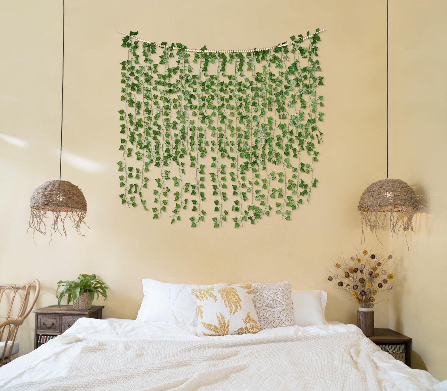 Mkono Hanging Fake Vines for Bedroom Wall Decor Artificial Plant Leaves with Wood Beads Set Indoor Greenery Ivy Garland for Living Room Apartment Christmas Wedding Party Teen Girl Room