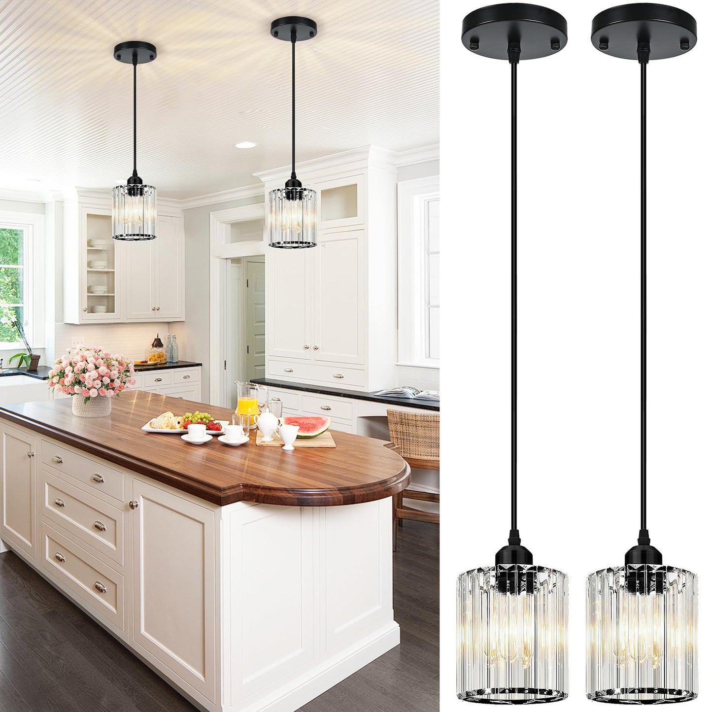 WKWKTOTO 1-Piece Pendant Lights Kitchen Island, Elegant Modern Island Lights for Kitchen with Crystal Glass – Luxury Kitchen Hanging Light for Kitchen Island, Dining Table, Entryway, Restaurant