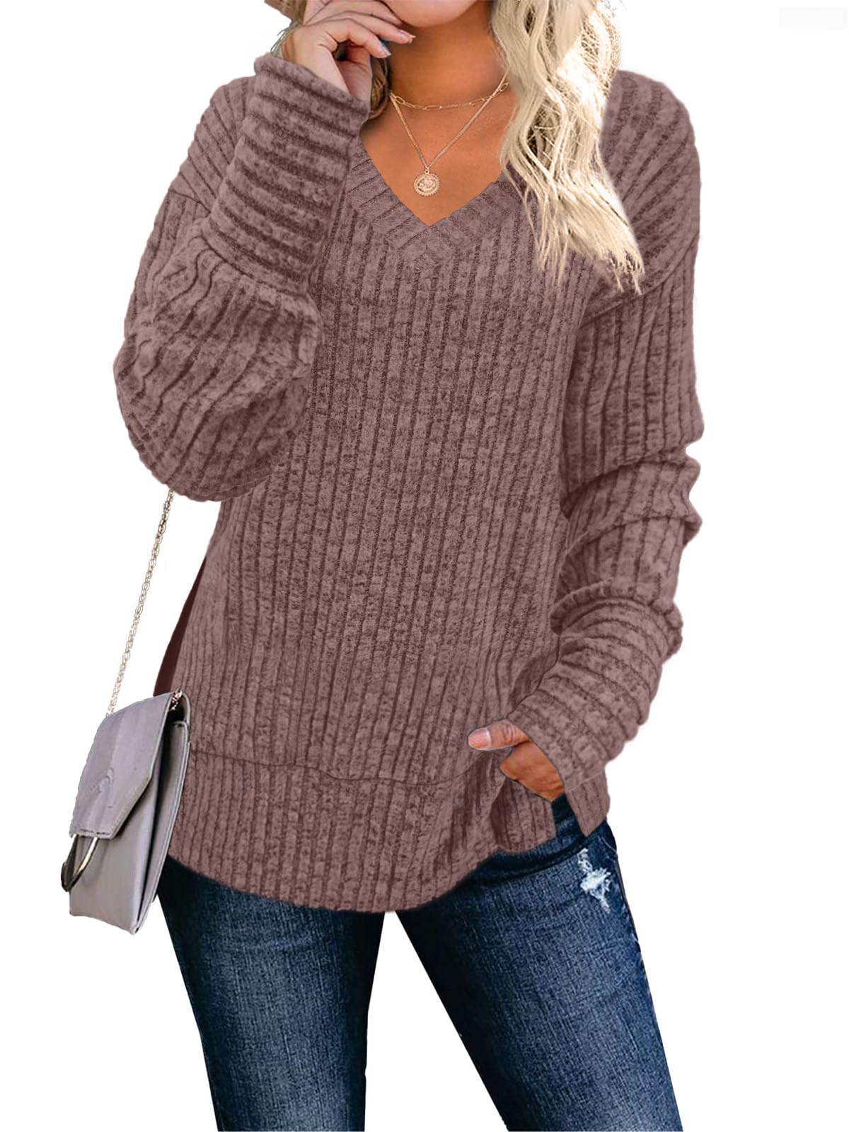 JomeDesign Womens Sweaters Long Sleeve V Neck Shirts Loose Casual Fashion Tops