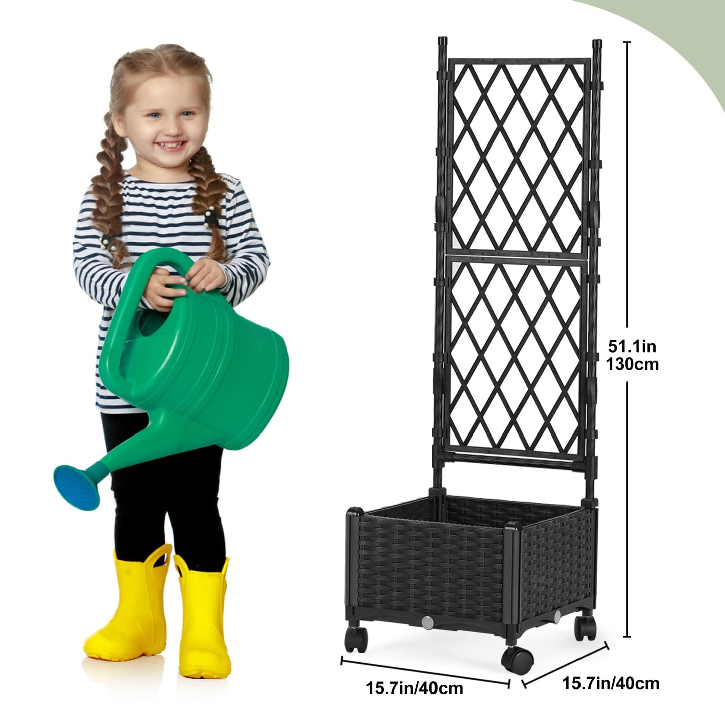FOLLOOK Planter Box with Trellis, 4ft Tall Self-Watering Plastic Raised Garden Beds and Lattice Trellis with Lockable Wheels & Drain Plug for Outdoor Patio Backyard Balcony, Black, 1 Pc