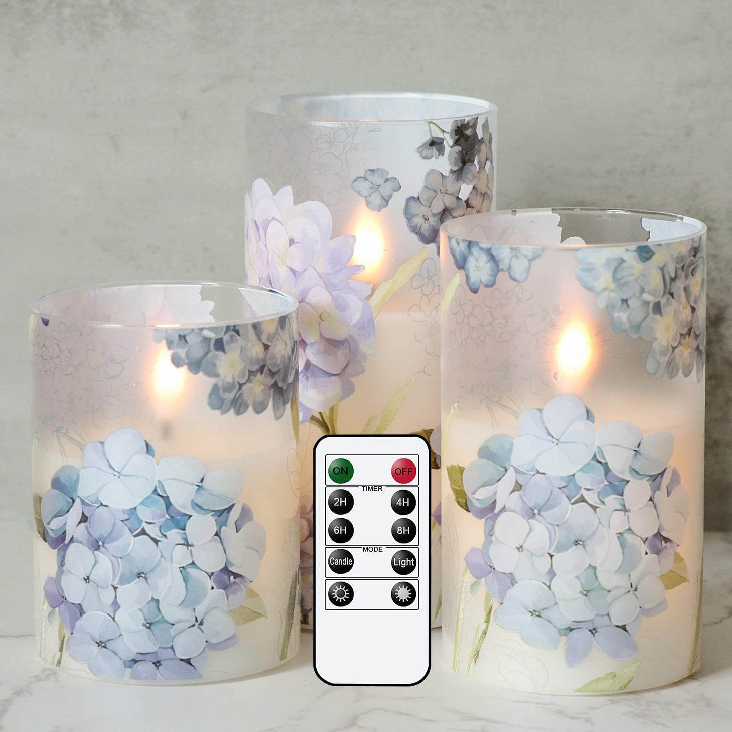 Eldnacele Hydrangea Glass Flameless Candles with Remote and Timer, Realistic 3D Wick Flickering Real Wax LED Window Candle Battery Operated Dinner Wedding Spring Decorations(3 x 4,5,6 Inch)