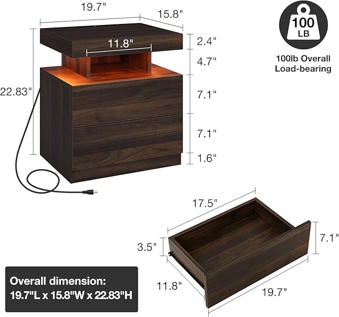 HOMMPA Rustic Nightstand with Wireless Charging Station LED Bedside Table with