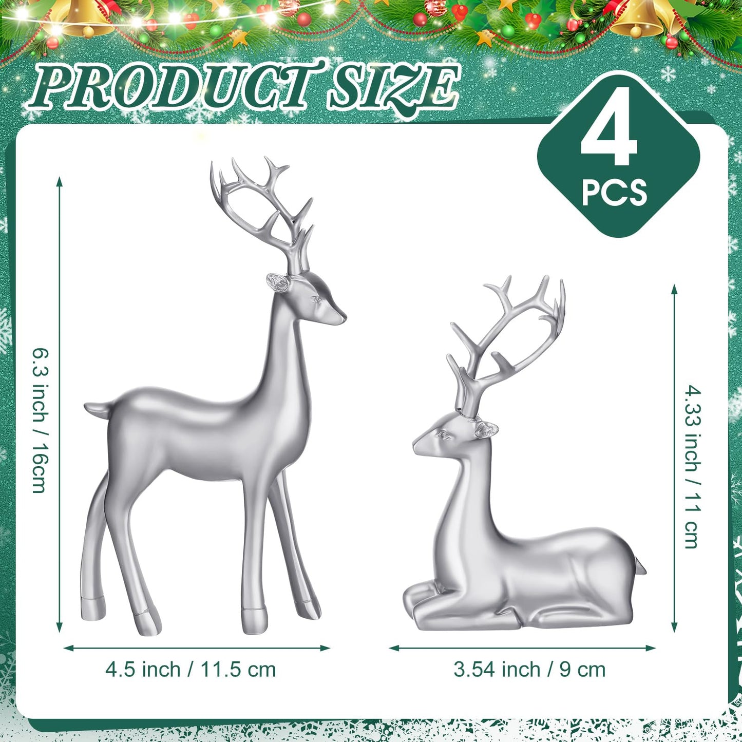Thyle 4 Pcs Christmas Reindeer Decor Small Resin Standing Sitting Deer Figurine Mini Reindeer Christmas Table Decoration for Home Indoor Xmas Holiday Small Statue Rustic Table Decor(Silver)