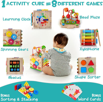 HELLOWOOD Wooden Activity Cube Baby Toys, 8-in-1 Montessori Educational Toy Set, Bead Maze Shape Sorter Abacus Xylophone Words & Clock Learning, STEM Toys for Boys Girls Toys for 1 2 3 years old