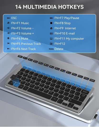 TECKNET 2.4G Wireless Keyboard, Small Keyboards with Media Hotkeys, Ultra Slim Compact Wireless Keyboard, 12-Month Battery Life, Compatible with PC, Desktop, Laptop, Smart TV - Grey