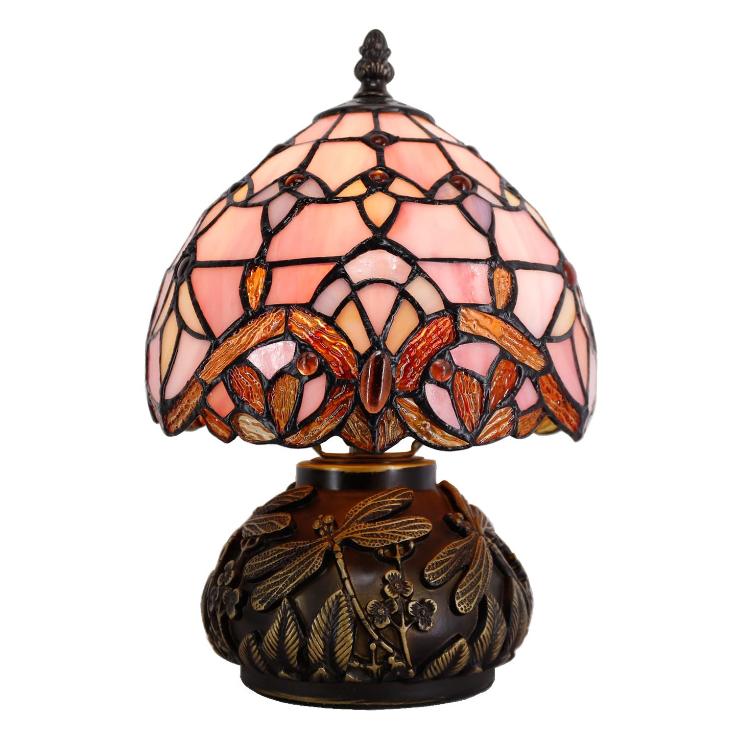 WERFACTORY Small Tiffany Lamp Desk Pink Stained Glass Baroque Mushroom Table Lamp Bronze Mini Accent Lamp W8H11 Inch S003P Series