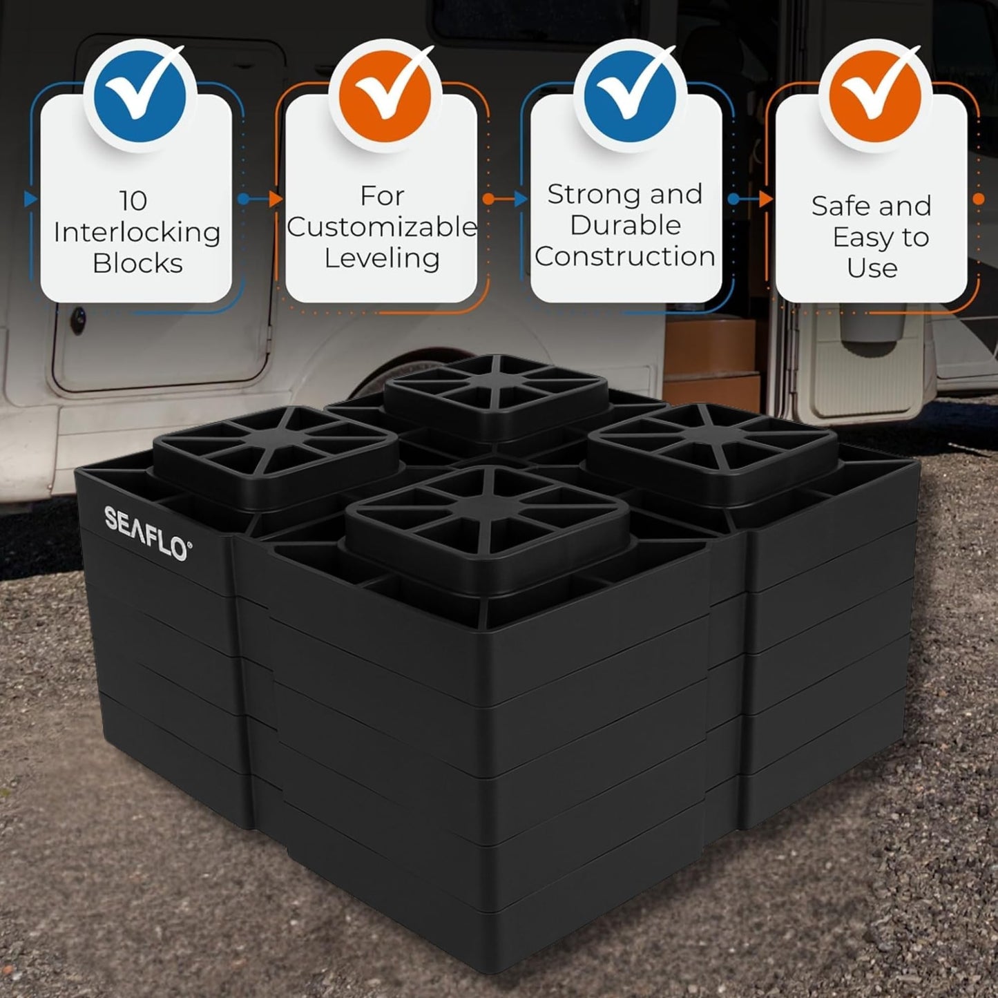 SEAFLO Heavy-Duty RV Leveling Blocks - Maximum Strength & Stability for Motorhomes, Trailers, and Campers (5)