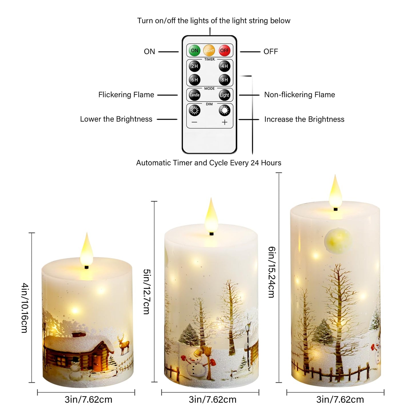 Christmas Flameless Candles with Remote - White LED Candles & String Lights, Battery Operated Set of 3 (D3 x H4/5"/6") for Window Decor, Christmas Decorations,Living Room Decoration
