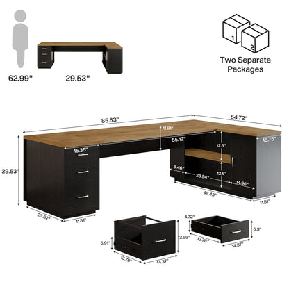 Tribesigns 85.8-Inch L-Shaped Executive Office Desk with File Drawers & Storage Cabinet, Professional Corner Computer Desk Extra Large Business Workstation with Adjustable Shelves (Light Brown&Black)