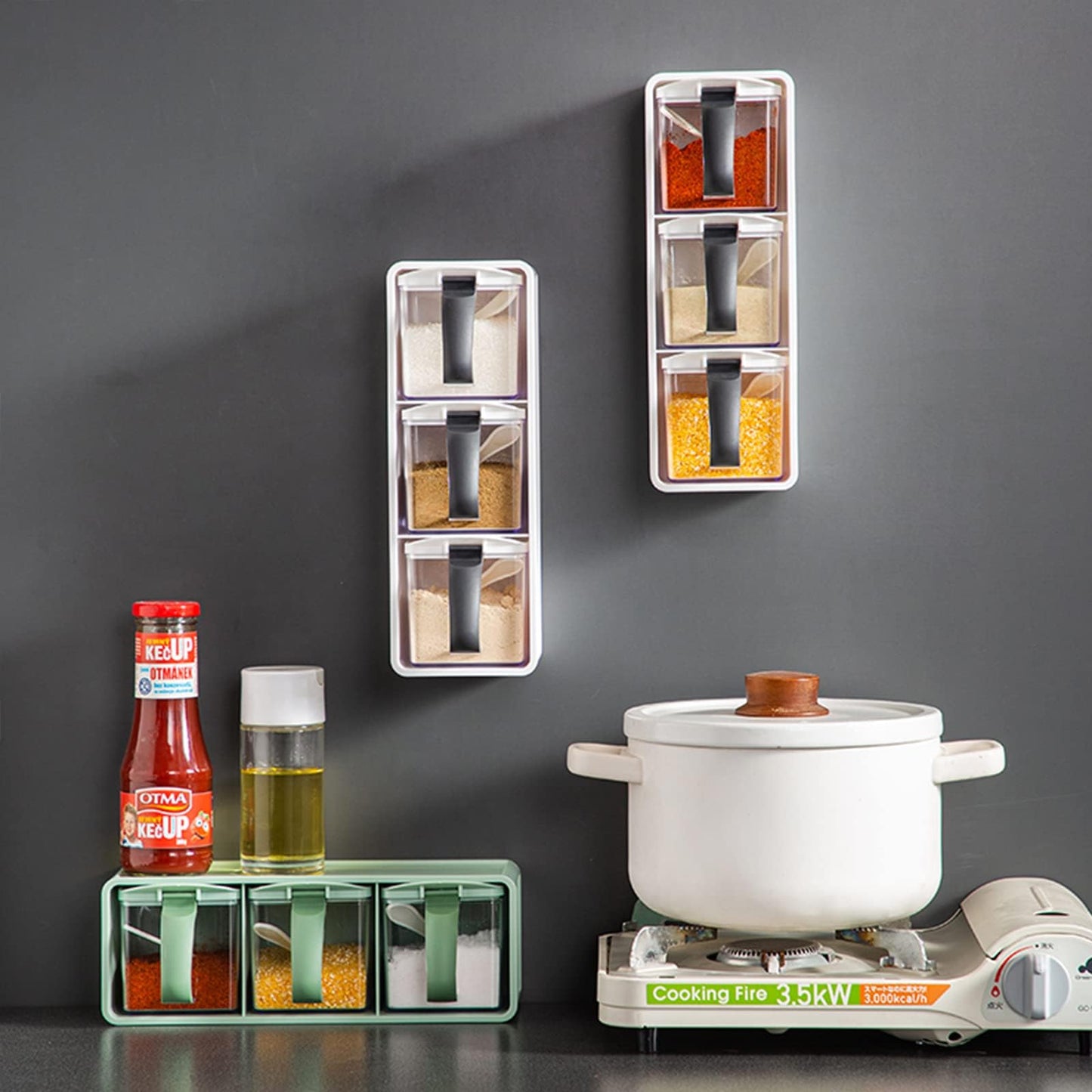 Meterga 3-Grids Seasoning Box with Tray, Salt Container, Hanging Wall Spice Rack, Kitchen Spice Pot with Spoon, Salt Pepper Sugar Storage Container Jar Cruet for Counter, Green