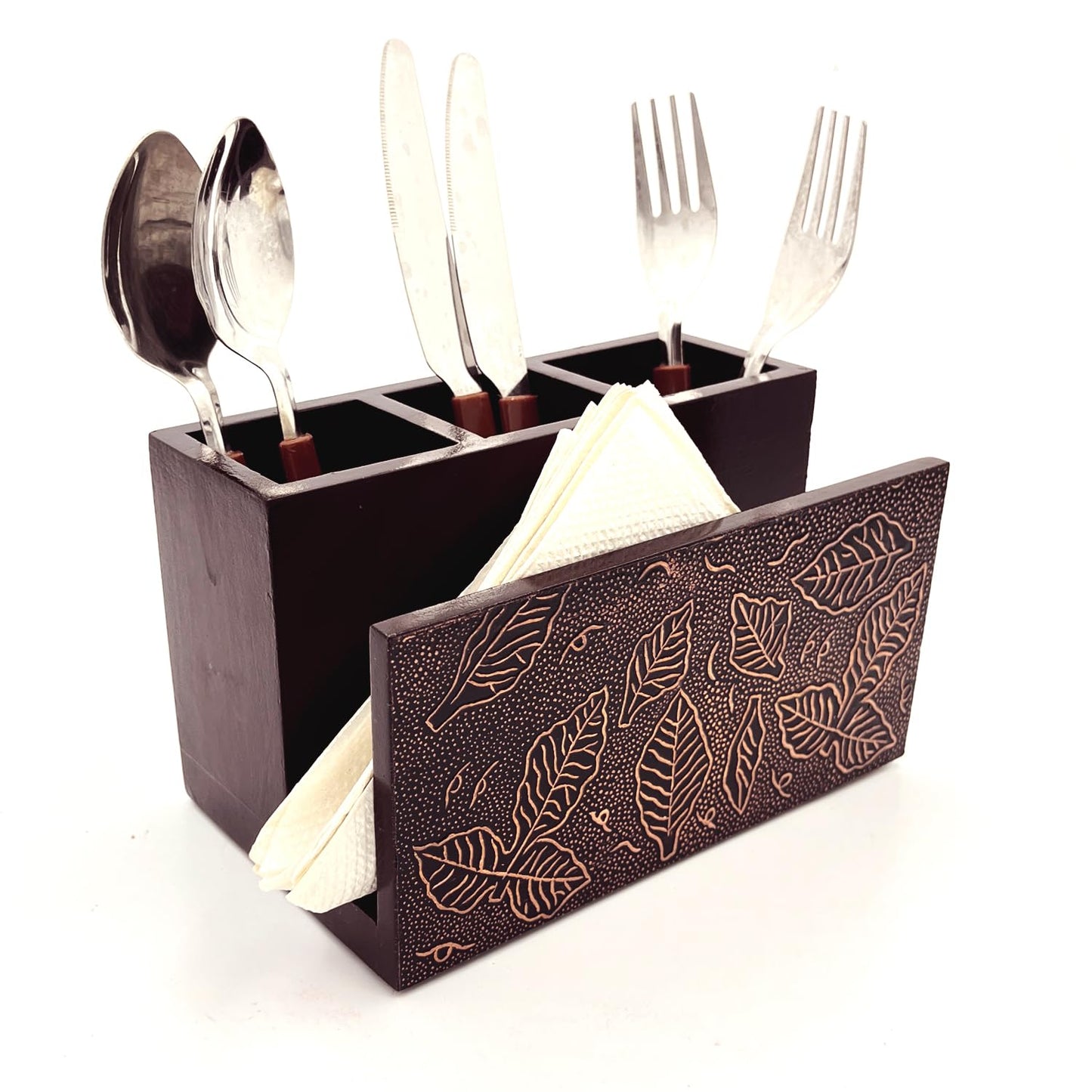 ZYNTIX Wooden Napkin Stand with Cutlery Holder | Cutlery Stand | Napkin Stand with Spoons for Kitchen | Tissue Paper with Offices Stationary Holder | Spoon Stand for Dining table (Brown)