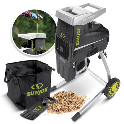Sun Joe Wood Chipper Shredder and Waste Shredding Machine w/Collection Bag, 1.7-Inch Cutting Diameter, 15-Amp Motor - Portable Electric Equipment, Lawn Care CJ603E