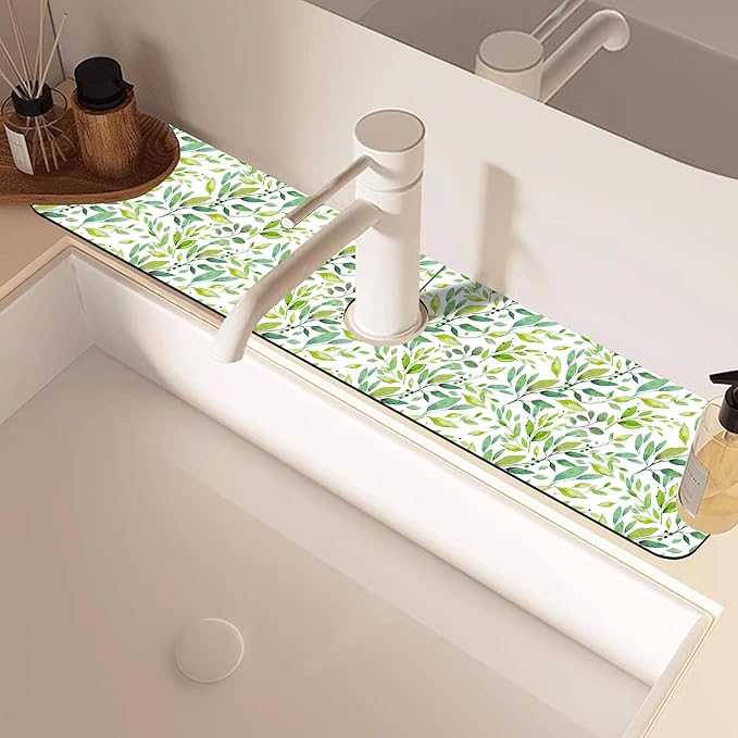 Tropical Eucalyptus Leaves Kitchen Sink Splash Guard Mat Absorbent Fast Drying