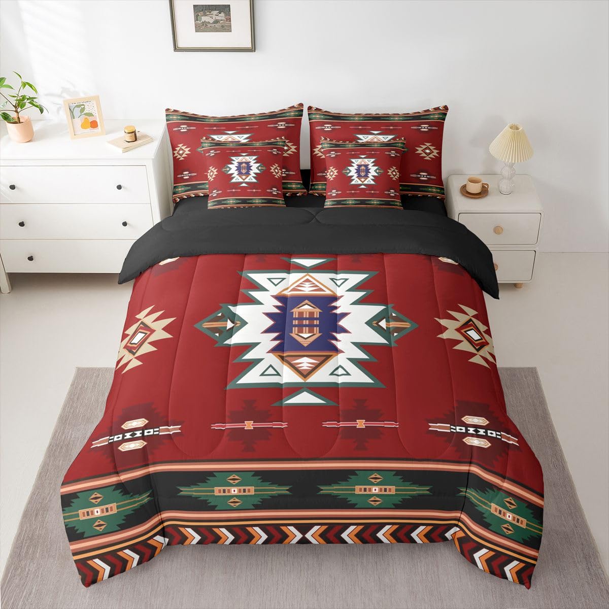 Erosebridal Western Twin Comforter Set with Sheets | Boho Decor Geometric 7 Piece Bedding Set Bohemian Aztec Bed in a Bag, Ethnic Tribal Arrow Room Decor,Red