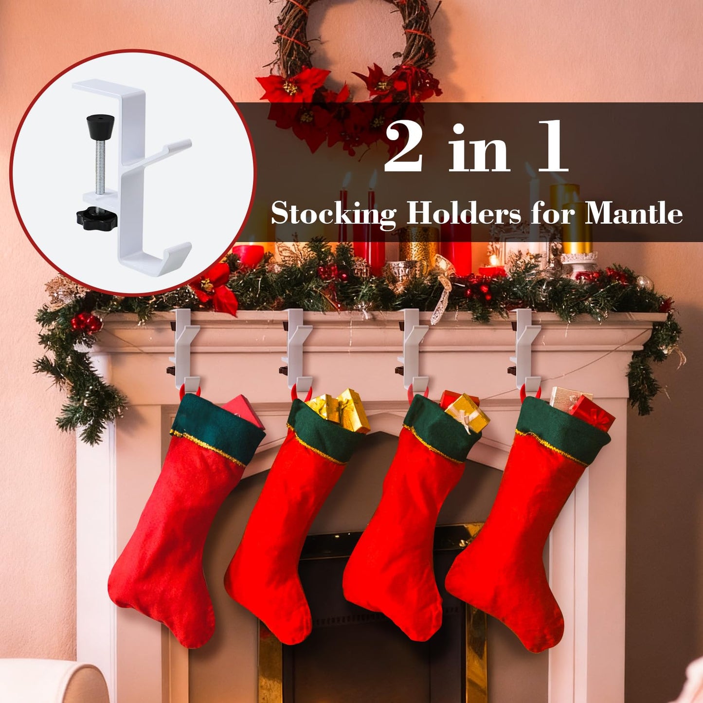 ANOEPUY 4 Pack Stocking Holders for Mantle for Christmas Decorations,2 in 1 Mantle Garland Holder for Hanging Christmas Stockings,No Drilling Required & Adjustable Garland Hanger, Metal(White)