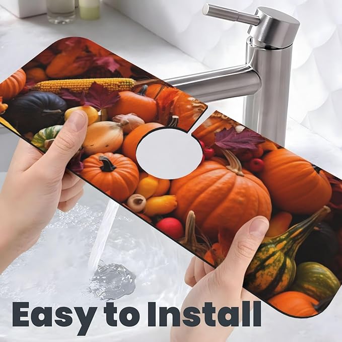 Kitchen Sink Splash Guard Faucet Mat Autumn Fall Pumpkin 15"x5.5", Diatom Mat