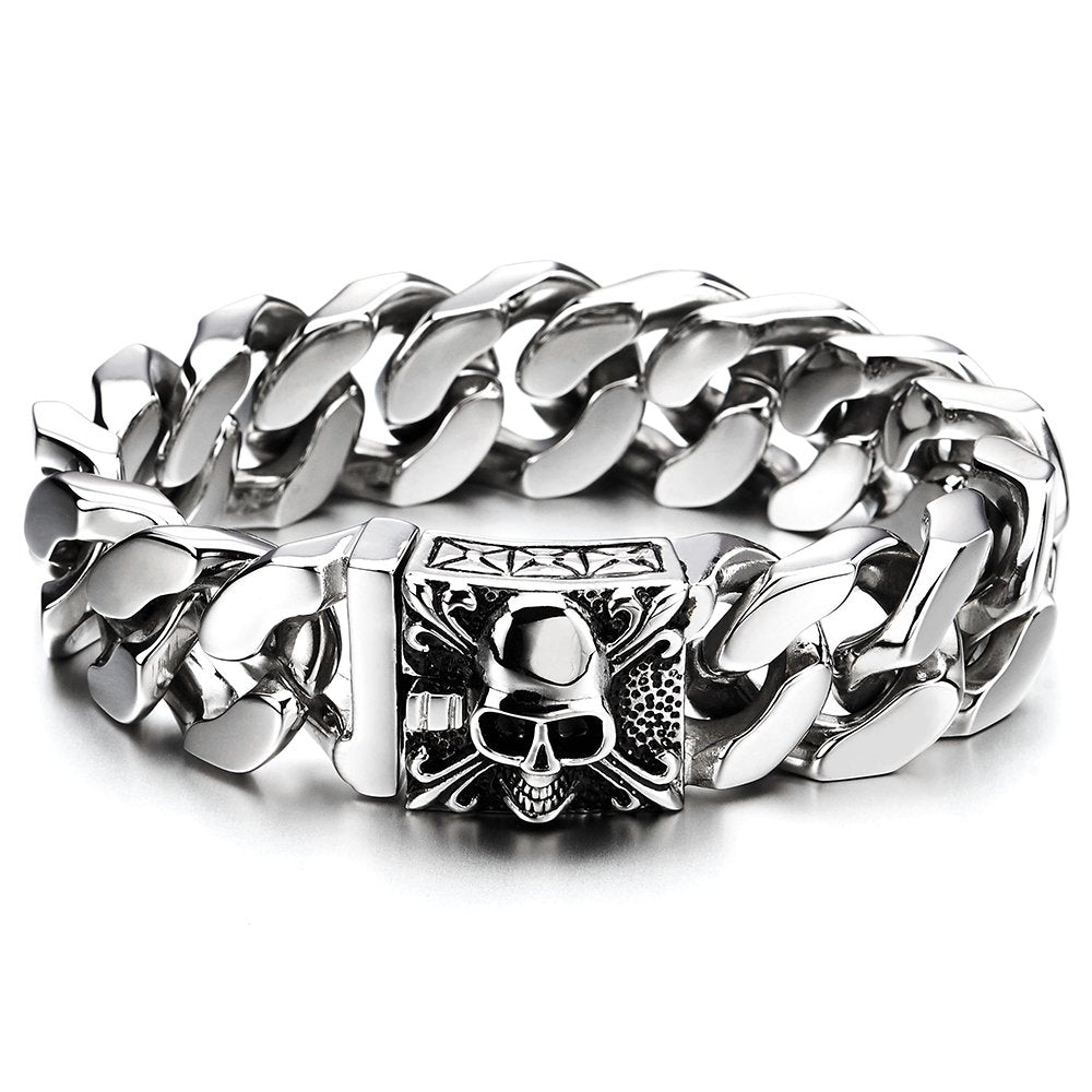 COOLSTEELANDBEYOND Mens Large Stainless Steel Curb Chain Bracelet with Fleur De Lis and Skull, Polished, Biker Gothic