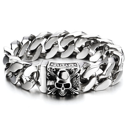 COOLSTEELANDBEYOND Mens Large Stainless Steel Curb Chain Bracelet with Fleur De Lis and Skull, Polished, Biker Gothic