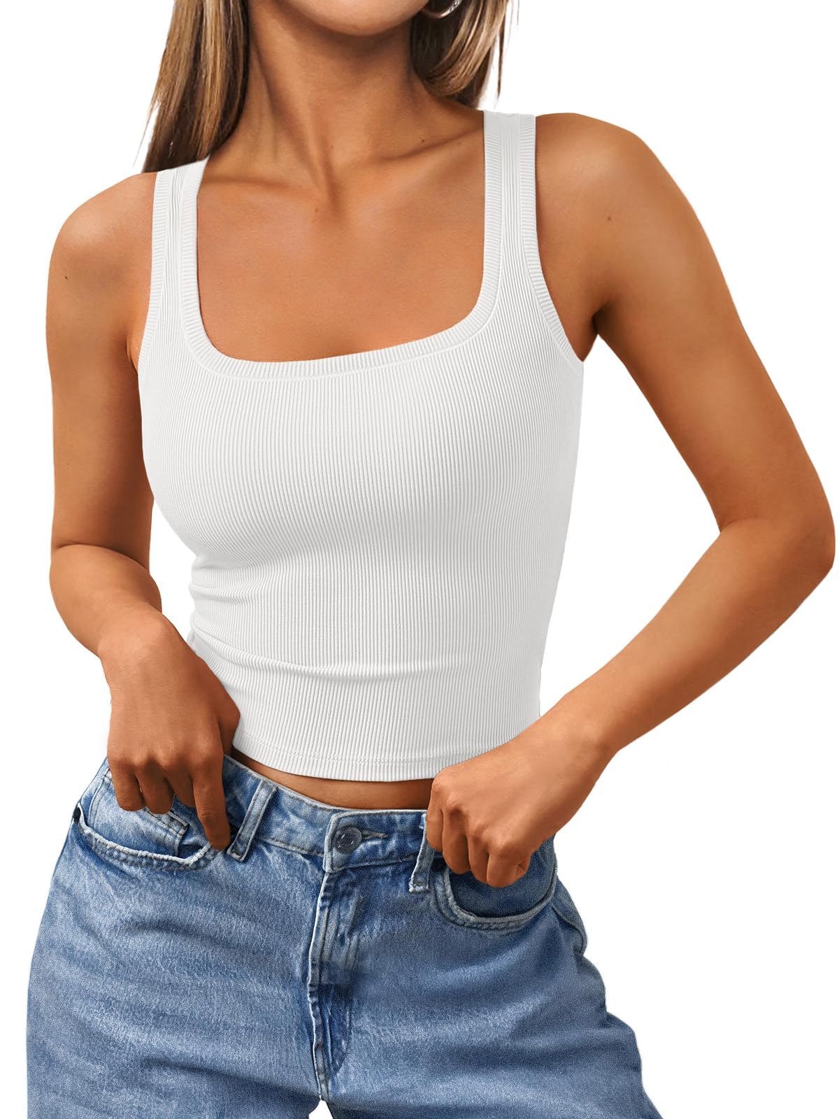 Trendy Queen Women's Summer Square Neck Tank Tops Workout Cropped Ribbed Summer Camisole Sleeveless Clothes 2025 White S