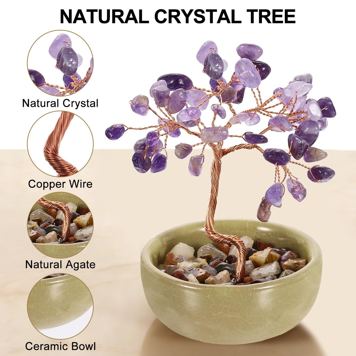 MECCANIXITY 7 Chakra Crystal Tree of Life, Natural Amethyst Gemstone Tree Handmade Feng Shui Bonsai with Agate Base for Positive Energy, Good Luck, Home Office Decor (4x2.4Inch Purple)