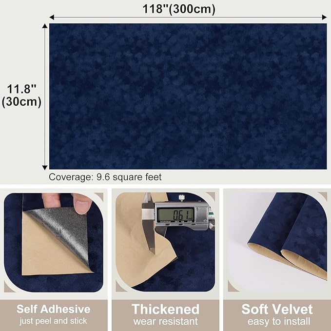 Navy Blue Curshed Velvet Wallpaper Self Adhesive Felt Fabric