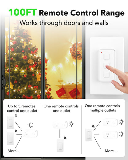 BN-LINK Mini Wireless Remote Control Outlet Switch Power Plug in for Household Appliances, Wireless Remote Light Switch, LED Light Bulbs, White (2 Remotes + 5 Outlets) 1250W/10A