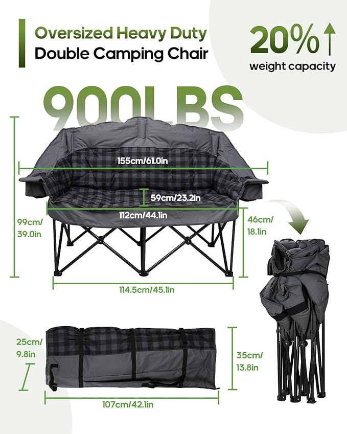 Double Camping Chair Padded Loveseat Camping Couch, Oversized 2 Person Camp
