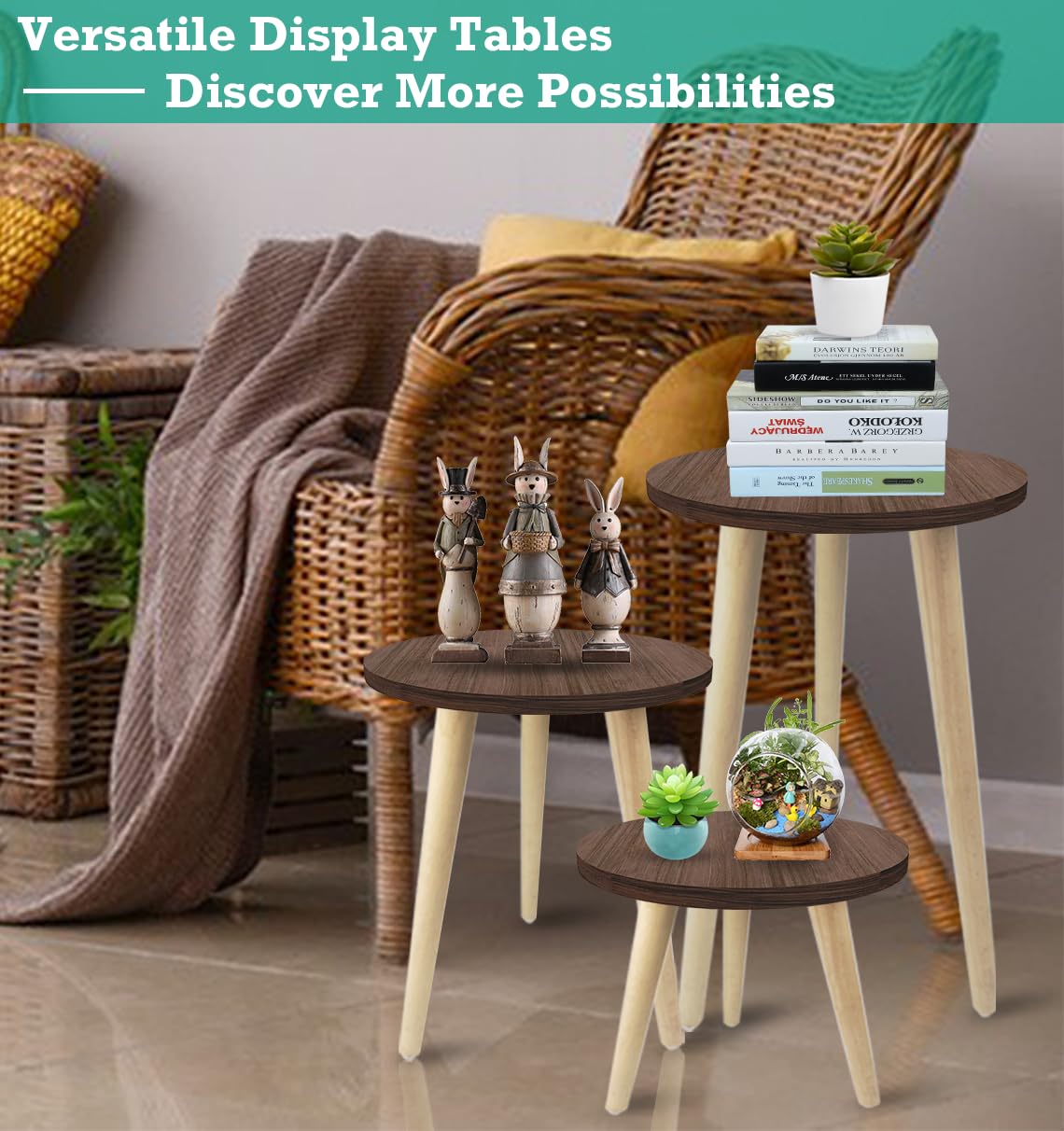 Tuohours 14IN Tall Plant Stand Holder for Indoor Planters, Mid Century Small Round Wood Table for Living Room Corner Floor