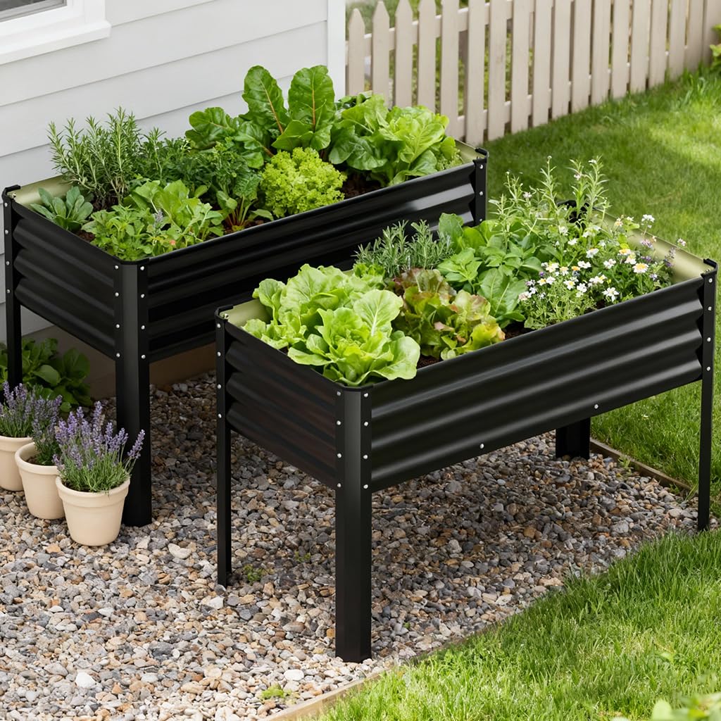 COMHOMA 2 Pack Raised Garden Bed with Legs 4x2x2.5ft,Large Elevated Galvanized Metal Planter Box with Drainage Holes,Outdoor Growing Kit with Gloves Tools for Backyard Patio Lawn,Black