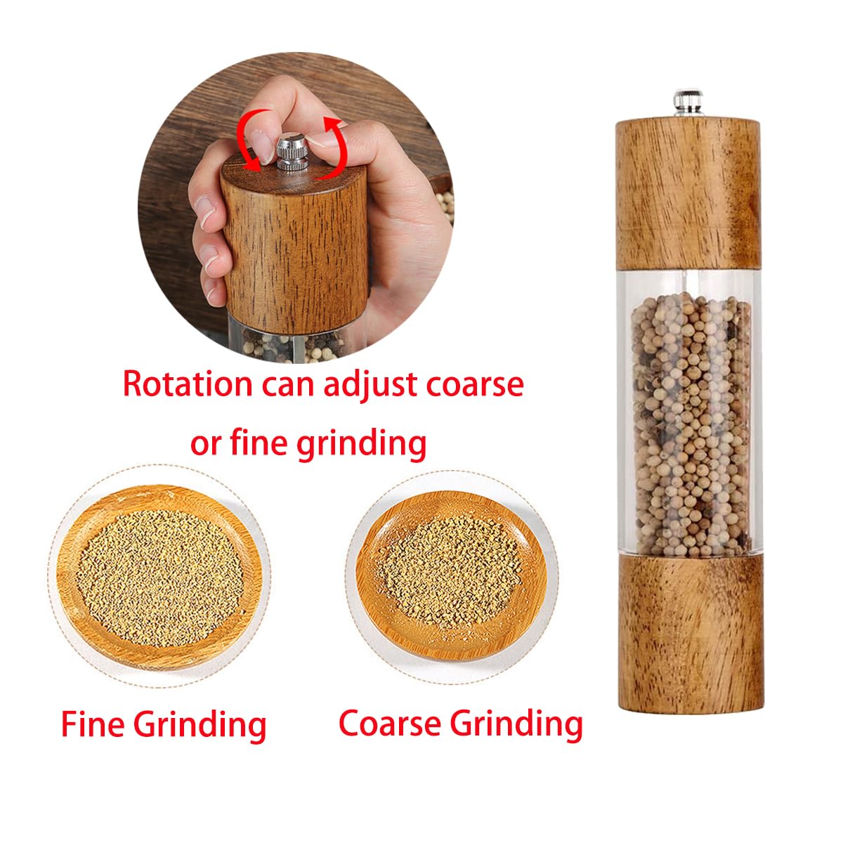 （Pack of 2）Salt and Pepper Grinder Set,Wooden Salt and Pepper Shakers,Adjustable Pepper Grinder and Salt Grinder for Coarse and Fine Grinding,Pepper Mill Grinder-8 Inches (8 Inches)