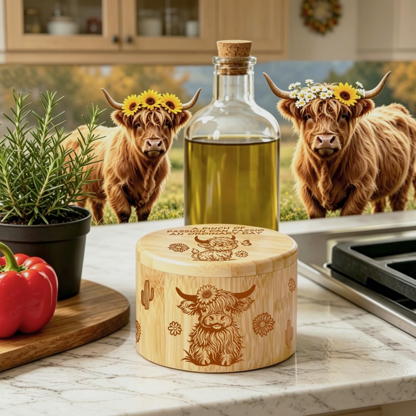 bxsgxin Bamboo Salt Cellar with Swivel Lid Highland Cow Salt Container Built-in spoon and magnetic clasp Ideal for salt, sea salt, pepper, sugar and spices（cow）