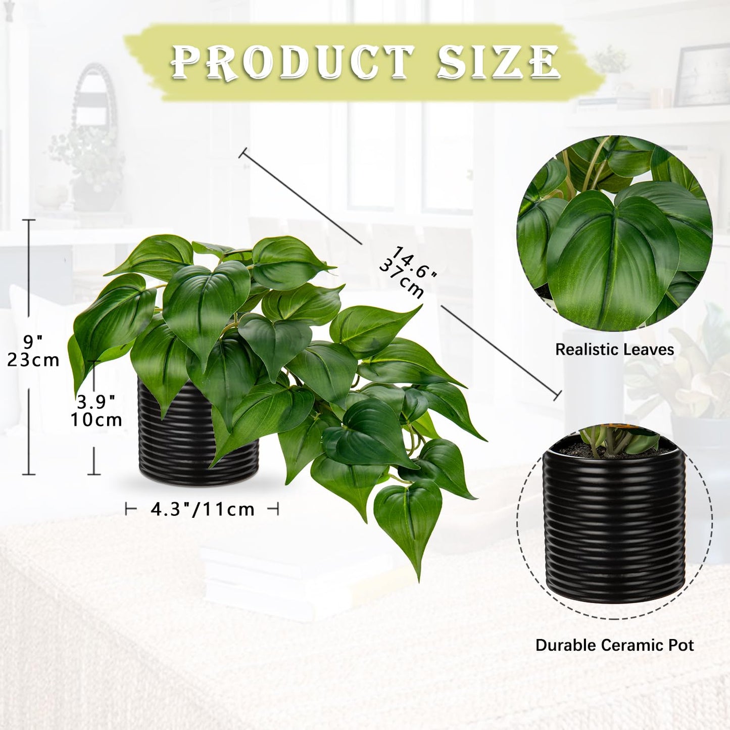Hollyone Artificial Plants Potted Fake Plants in Black Ceramic Pot Faux Pothos Plants Indoor for Home Living Room Shelf Office Aesthetic Decor