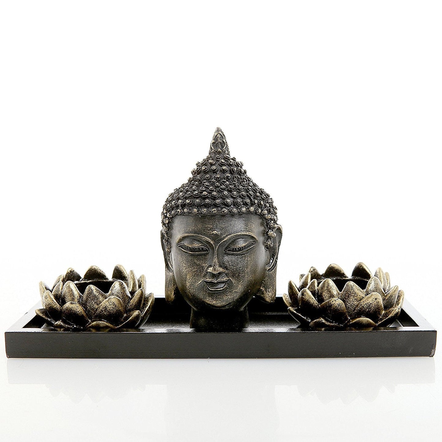 MyGift Black Buddha Head Sculpture Zen Garden Set with Lotus Tealight Candle Holders and Wooden Display Tray, Decorative Tabletop Home Accent