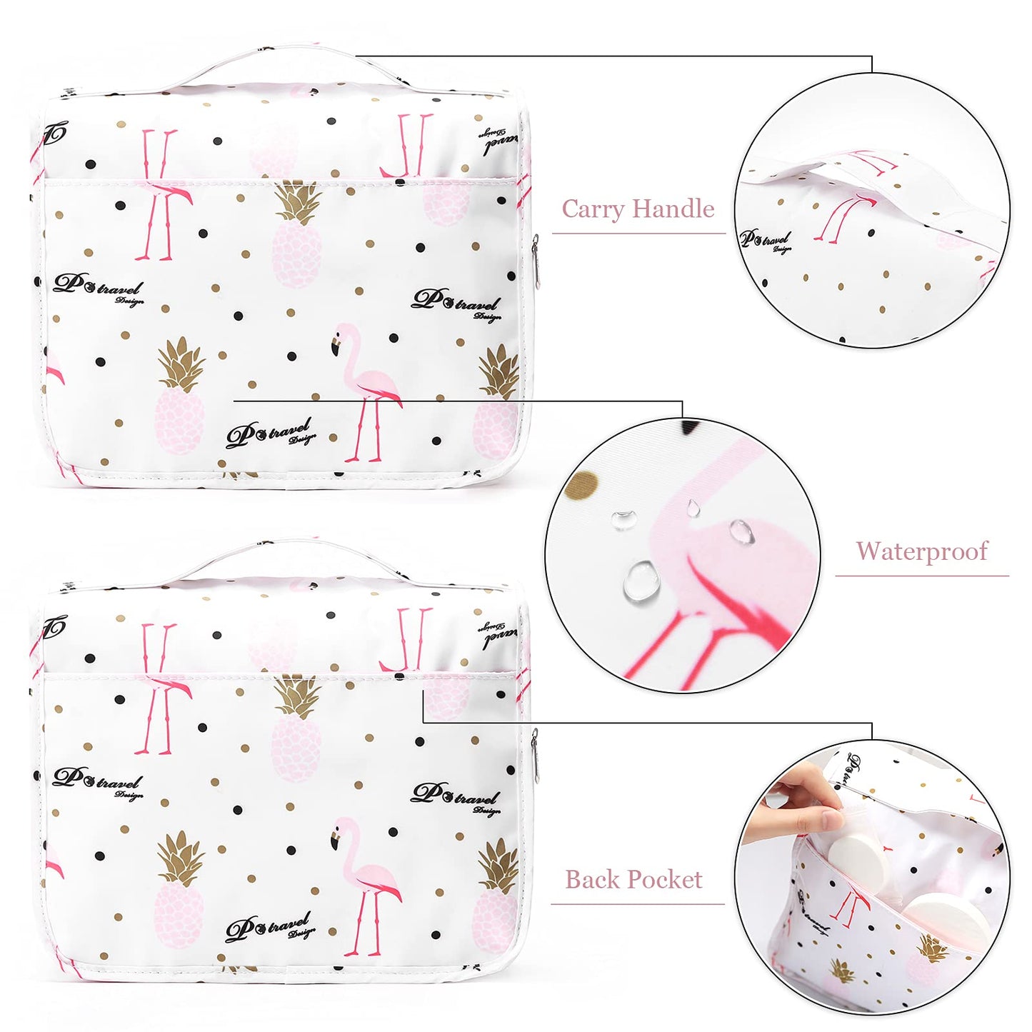 Hanging Travel Toiletry Bag for Women & Girls, Lychii Cosmetics Makeup Bag Organiser for Travel Size Accessories - Flamingo Printed